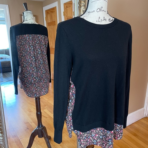 LOFT Floral mixed media black sweater. Small - Picture 2 of 6